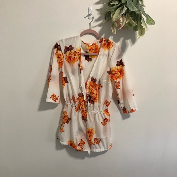 Sheer Floral Long Sleeve Short Romper - Picture 4 of 9